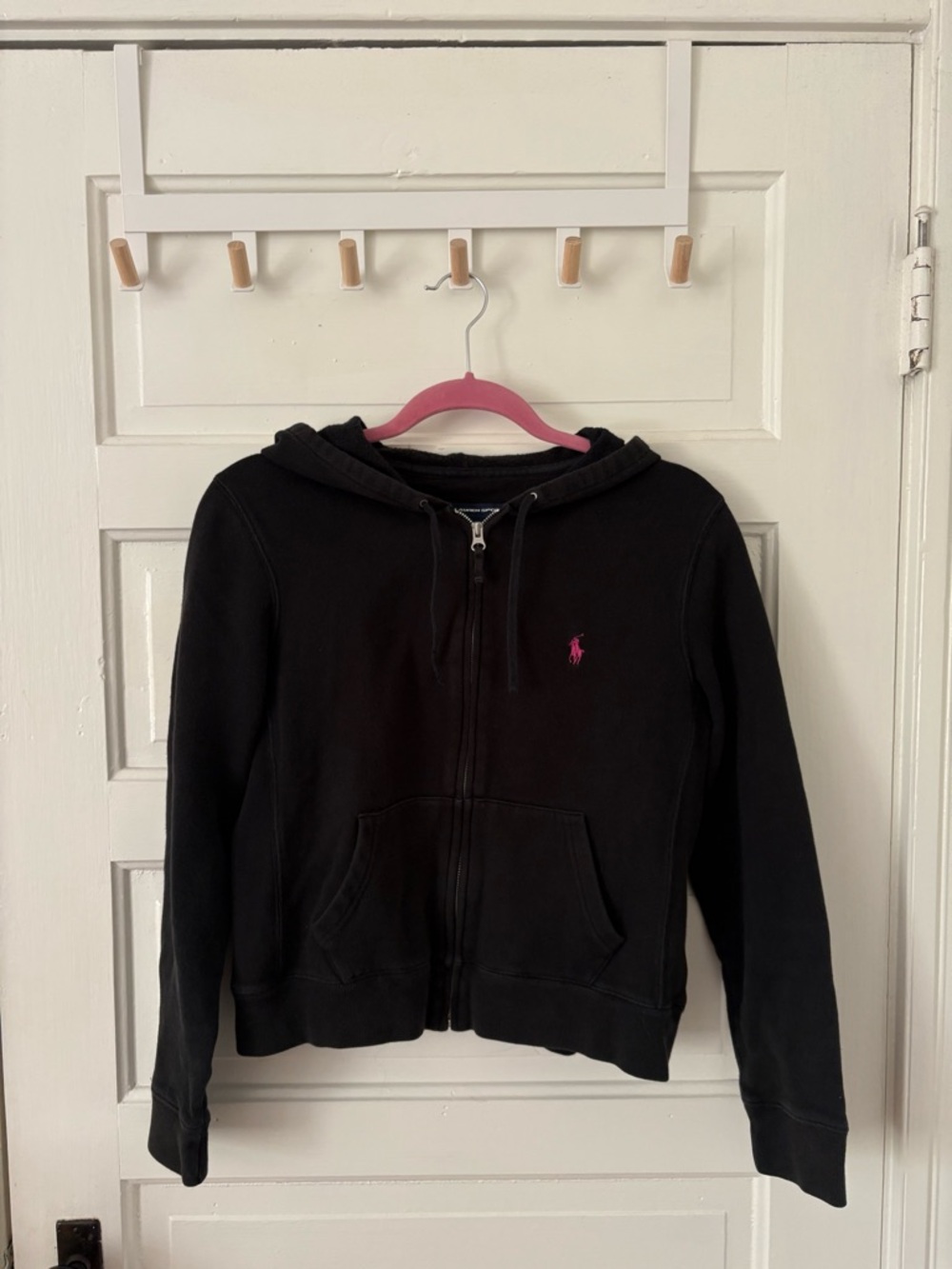 Women’s Vintage Ralph Lauren Sport Black Zip Crop Hoodie with Pink Pony Logo